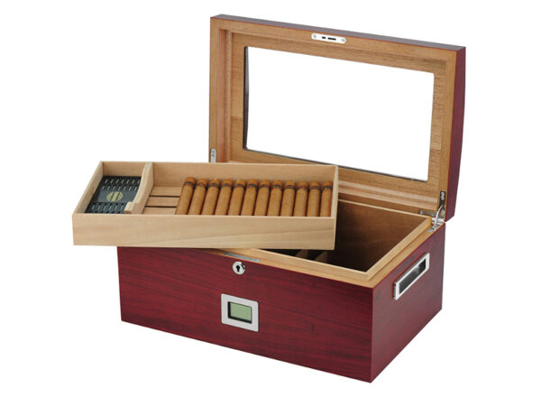 Gasztro humidor 80 szál szivar részére, üvegtetős spanyol cédrusfa szivartartó doboz, kulccsal zárható, párásító, hygrometer - Cherry - Image 3