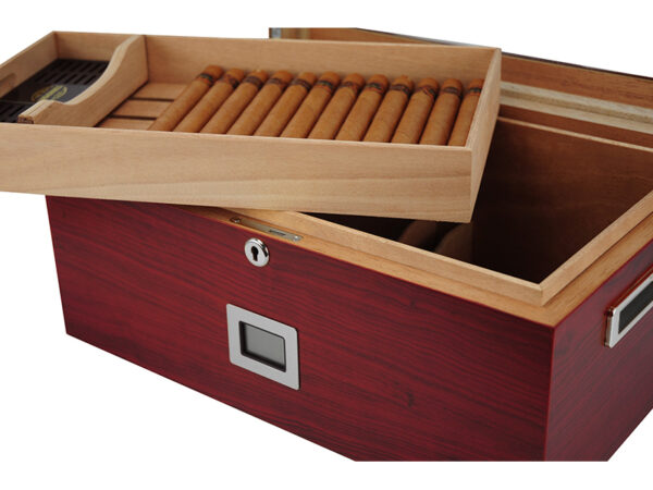 Gasztro humidor 80 szál szivar részére, üvegtetős spanyol cédrusfa szivartartó doboz, kulccsal zárható, párásító, hygrometer - Cherry - Image 6