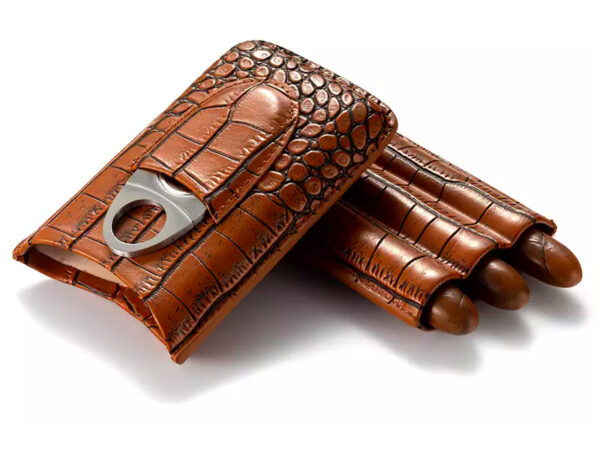 Szivartok 3 szivar részére - barna/krokodil, Double corona (18x9x3cm) + Szivarvágó, Achenty! - Image 2