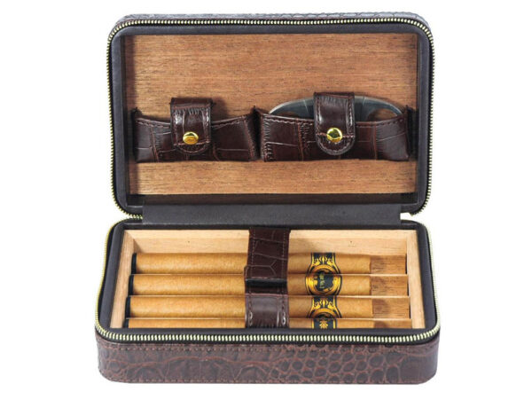 Utazó humidor 4 szál szivarhoz - bőr cédrusfa szivartartó doboz, krokodil (20x13cm)
