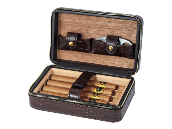 Utazó humidor 4 szál szivarhoz - bőr cédrusfa szivartartó doboz, krokodil (20x13cm) - Image 4
