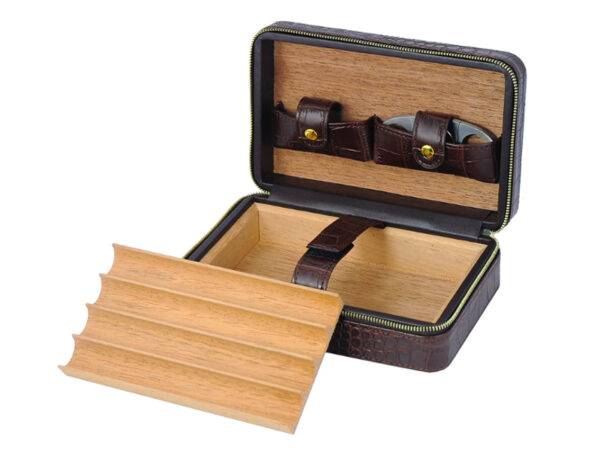 Utazó humidor 4 szál szivarhoz - bőr cédrusfa szivartartó doboz, krokodil (20x13cm) - Image 2