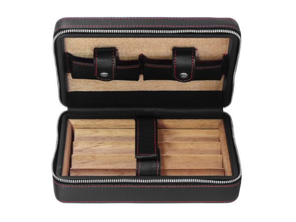 Utazó humidor 4 szál szivarhoz - cédrusfa szivartartó doboz, fekete bőr (20x13cm) - Achenty!