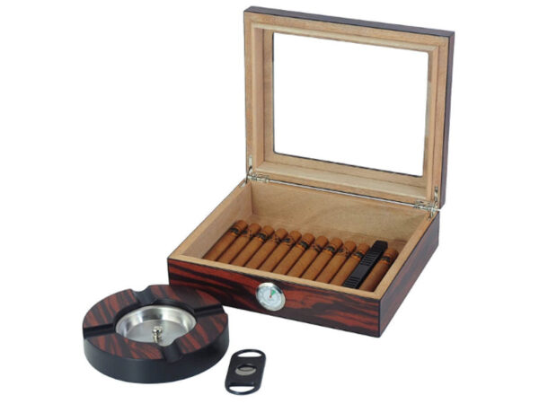 Achenty! Humidor 30 szivar részére, spanyol cédrusfa, üvegtetővel, párásító, hygrométer, Makassar + AJÁNDÉK szett - Image 3