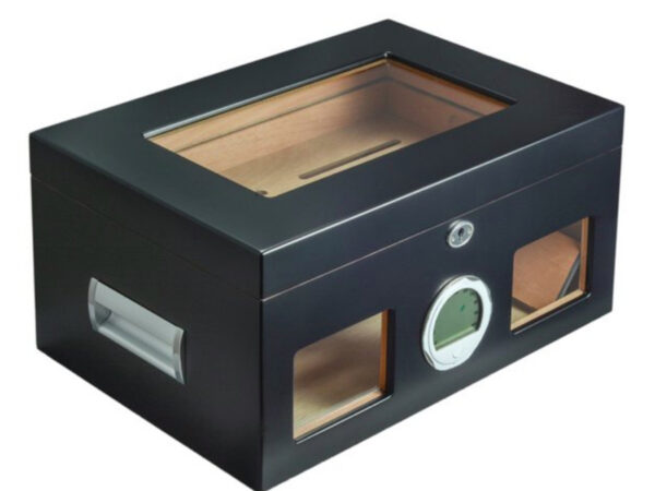 Gasztrohumidor 100 szál szivar részére, üveges szivar doboz, spanyol cédrusfa, párásító, digitális hygrométer - fekete, Achenty! - Image 6