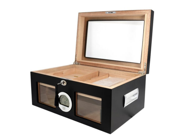 Gasztrohumidor 100 szál szivar részére, üveges szivar doboz, spanyol cédrusfa, párásító, digitális hygrométer - fekete, Achenty! - Image 2