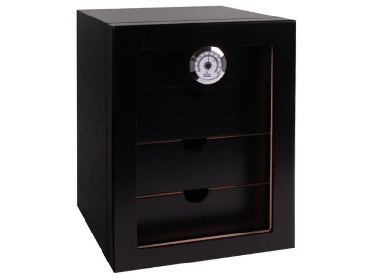 Humidor szekrény 80 szivar részére, 4 fiókkal, külső hygrometer, üveg ajtó - fekete