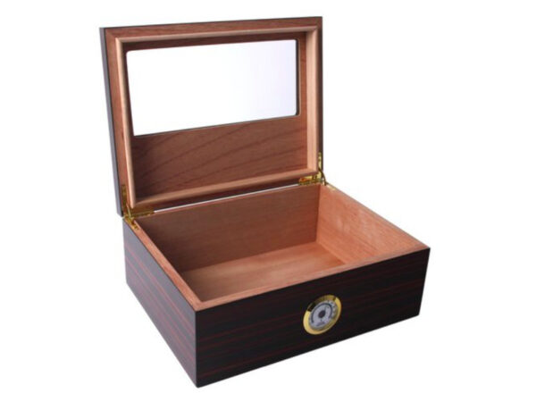 Humidor 40 szál szivar részére, spanyol cédrusfa, üveg tetős, párásító, hygrometer - Ébenfa, Achenty! - Image 2