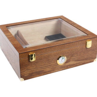 Humidor 40 szál szivar részére, világosbarna színű, cédrusfa, üveg tetővel, párásító és külső hygrometer - Achenty!
