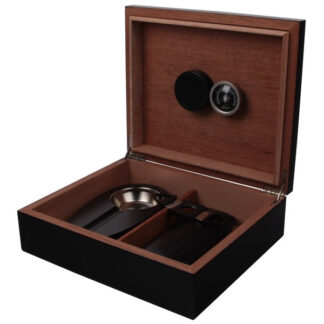 Humidor 30 szál szivar részére, cédrusfa szivar tároló doboz, párásítóval, hygrométerrel - fekete + AJÁNDÉK szett!