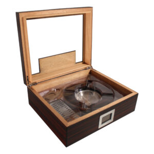 Humidor 30 szál szivar részére, spanyol cédrusfa szivar tároló doboz, üvegtetővel, párásító, hygrométer, barna-fekete + AJÁNDÉK szett