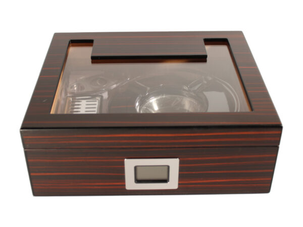 Humidor 30 szál szivar részére, spanyol cédrusfa szivar tároló doboz, üvegtetővel, párásító, hygrométer, barna-fekete + AJÁNDÉK szett - Image 2