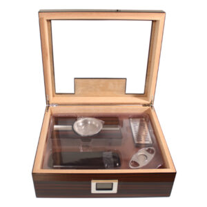 Humidor 50 szál szivar részére, spanyol cédrusfa szivar tároló doboz, párásító, hygrométer, barna-fekete, üvegtetős + AJÁNDÉK szett