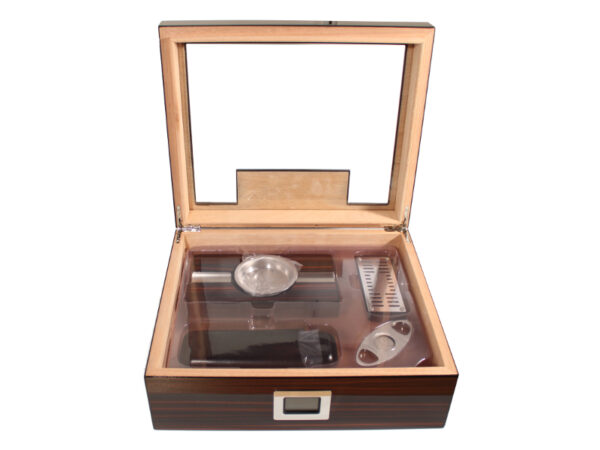 Humidor 50 szál szivar részére, spanyol cédrusfa szivar tároló doboz, párásító, hygrométer, barna-fekete, üvegtetős + AJÁNDÉK szett