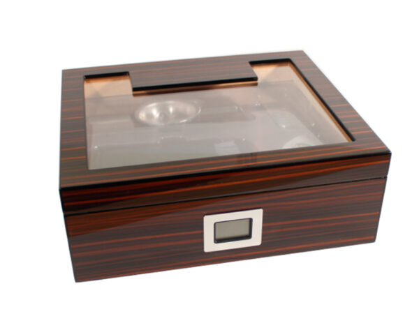 Humidor 50 szál szivar részére, spanyol cédrusfa szivar tároló doboz, párásító, hygrométer, barna-fekete, üvegtetős + AJÁNDÉK szett - Image 2