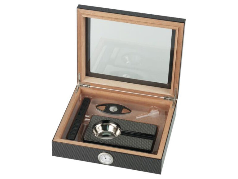 Humidor 20 szál szivar részére, cédrusfa szivar doboz, üvegtető, párásítóval, hygrométerrel - carbon - Image 2