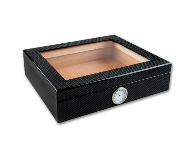 Humidor 20 szál szivar részére, cédrusfa szivar doboz, üvegtető, párásítóval, hygrométerrel - carbon - Image 3