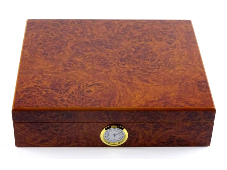 Humidor 30 szál szivarnak, cédrusfa szivar tároló doboz, külső hygrométerrel - gyökérmintás, barna színű, Angelo - Image 2