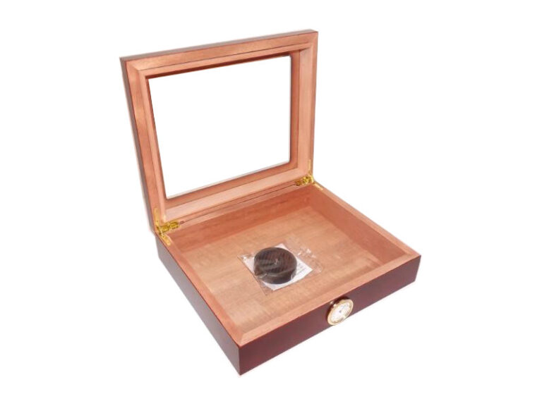 Humidor 30 szál szivar részére, cédrusfa szivar doboz, üvegtető, párásítóval, hygrométerrel - bordó, Angelo - Image 3
