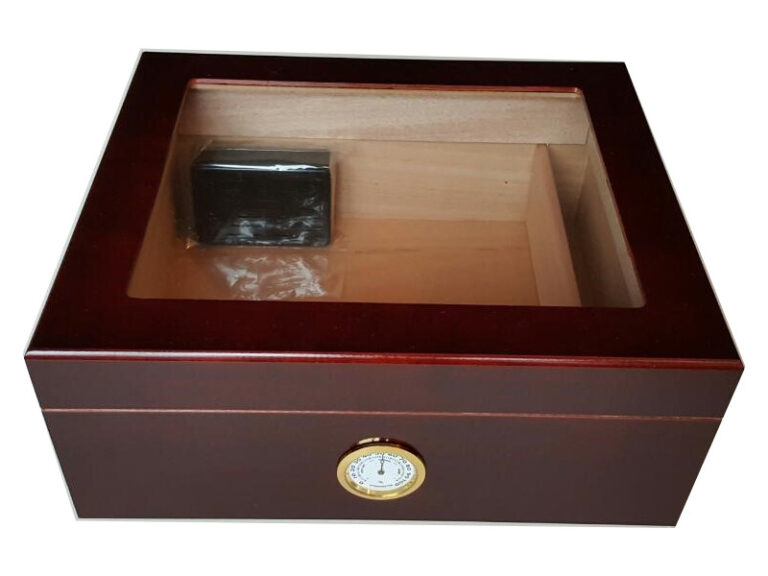 Humidor 40 szál szivar részére, bordó színű, cédrusfa, üveg tetővel, párásító és külső hygrometer - nagyon szép! - Image 2