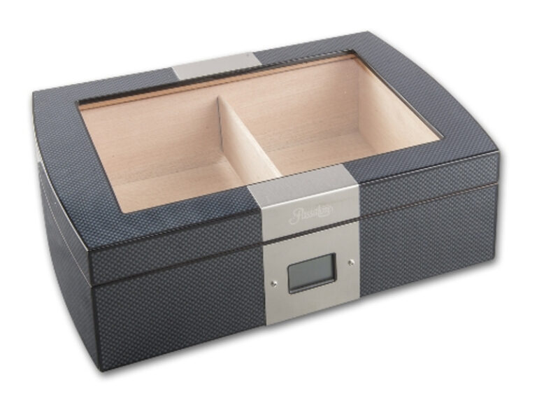 Humidor 50 szivar részére, carbon hatású, cedrusfa szivar doboz, üvegtetővel, digitális hygrometerrel - Passatore - Image 2