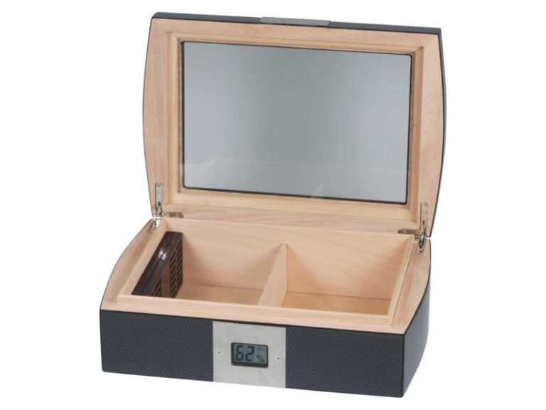 Humidor 50 szivar részére, carbon hatású, cedrusfa szivar doboz, üvegtetővel, digitális hygrometerrel - Passatore - Image 3