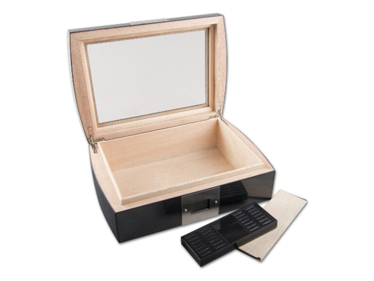 Humidor 50 szivar részére, carbon hatású, cedrusfa szivar doboz, üvegtetővel, digitális hygrometerrel - Passatore - Image 4