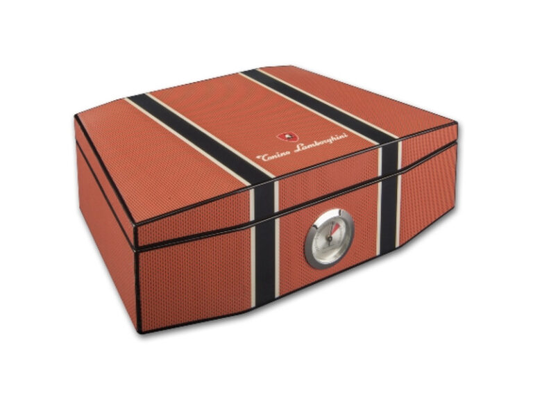 Humidor 50 szivar részére, cédrusfa szivar doboz, párásítóval, külső hygrométerrel - Lamborghini Carbon-orange - Image 2