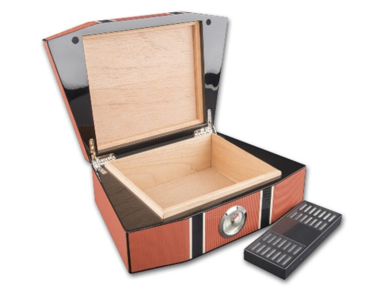 Humidor 50 szivar részére, cédrusfa szivar doboz, párásítóval, külső hygrométerrel - Lamborghini Carbon-orange - Image 4