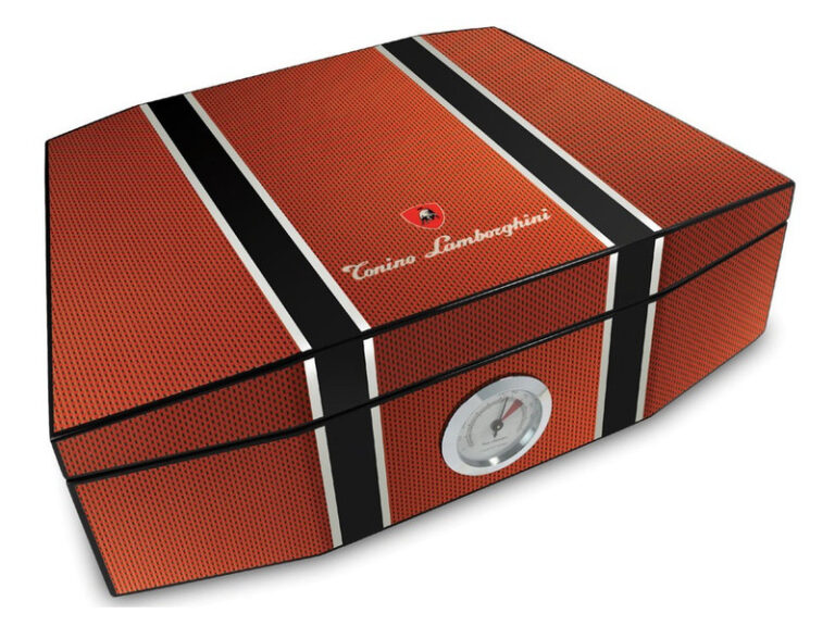 Humidor 50 szivar részére, cédrusfa szivar doboz, párásítóval, külső hygrométerrel - Lamborghini Carbon-orange - Image 3