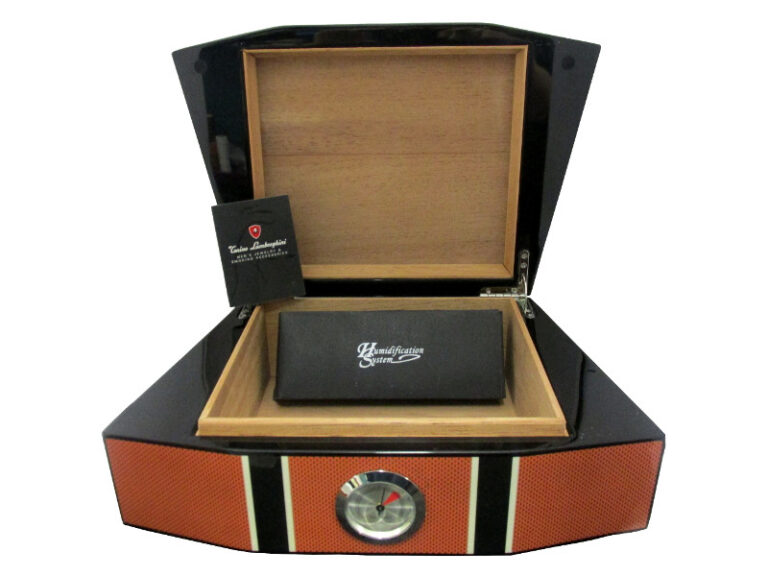 Humidor 50 szivar részére, cédrusfa szivar doboz, párásítóval, külső hygrométerrel - Lamborghini Carbon-orange - Image 5
