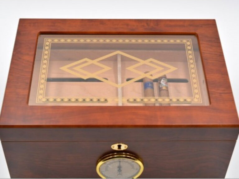 Humidor 50 szivar részére, barna színű cédrusfa szivar doboz, mintás üvegtetővel, külső hygrometerrel - Image 5