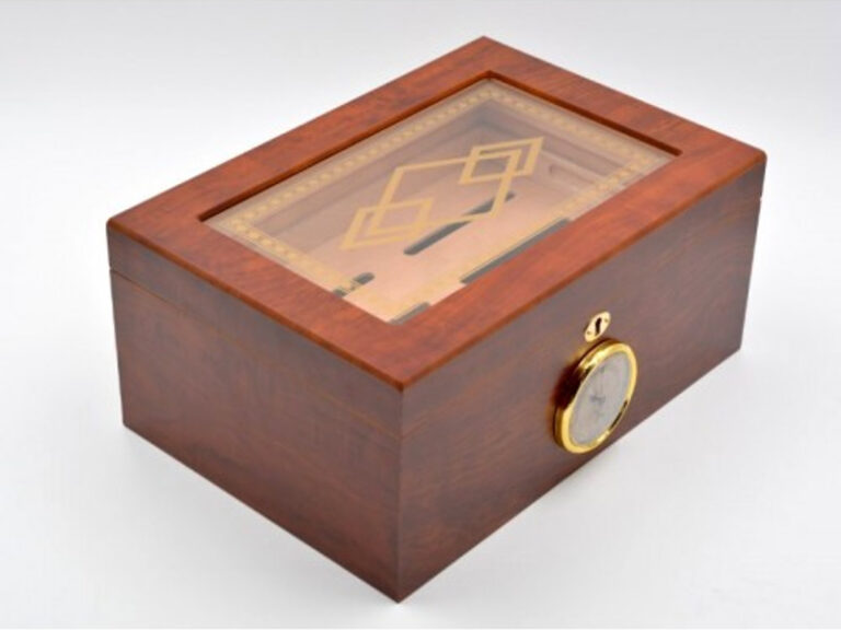 Humidor 50 szivar részére, barna színű cédrusfa szivar doboz, mintás üvegtetővel, külső hygrometerrel - Image 6