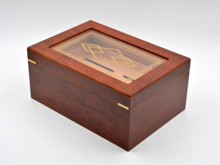 Humidor 50 szivar részére, barna színű cédrusfa szivar doboz, mintás üvegtetővel, külső hygrometerrel - Image 7