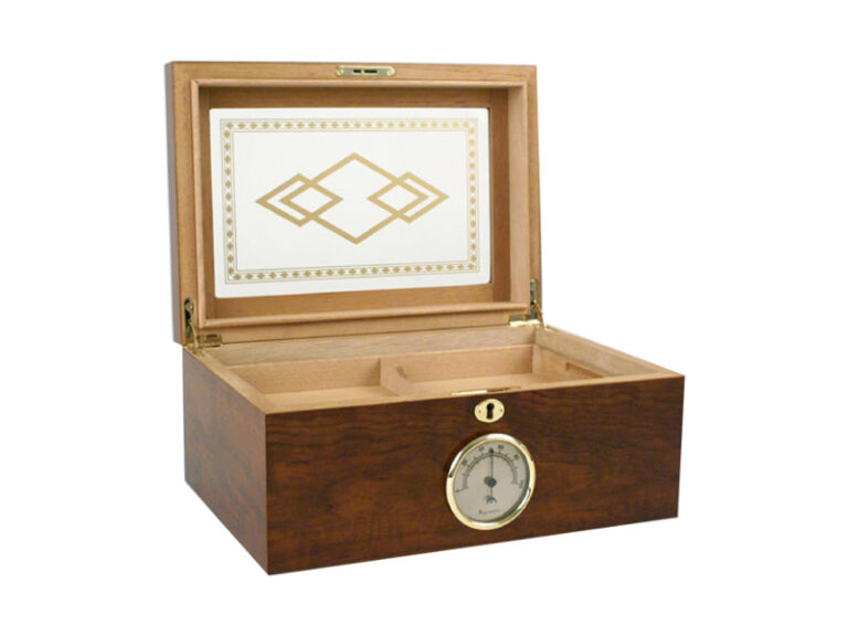 Humidor 50 szivar részére, barna színű cédrusfa szivar doboz, mintás üvegtetővel, külső hygrometerrel - Image 2