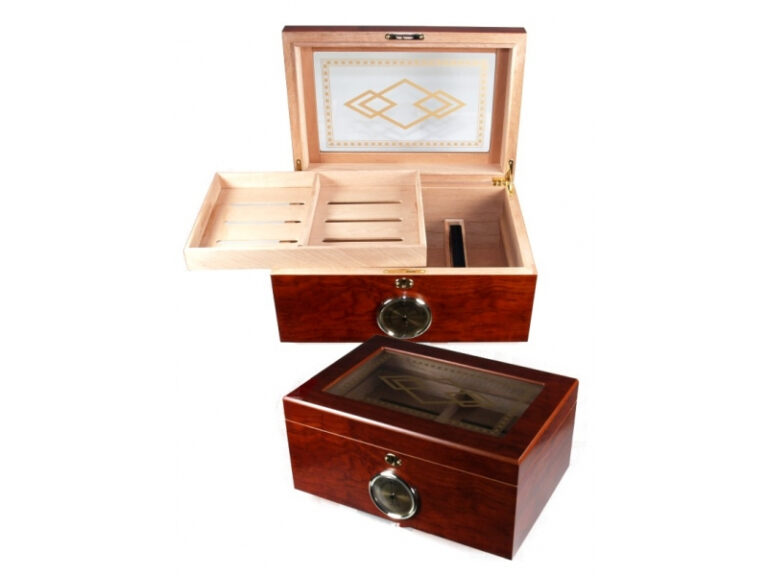 Humidor 50 szivar részére, barna színű cédrusfa szivar doboz, mintás üvegtetővel, külső hygrometerrel - Image 3
