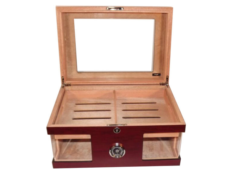 Humidor 80 szál szivar részére, cédrusfa szivar doboz, üvegtető, hygrométerrel és párásítóval - bordó, Angelo - Image 2
