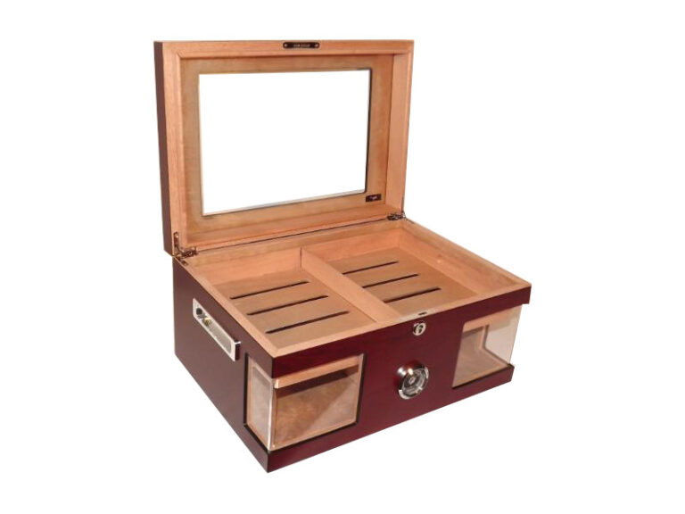 Humidor 80 szál szivar részére, cédrusfa szivar doboz, üvegtető, hygrométerrel és párásítóval - bordó, Angelo - Image 3