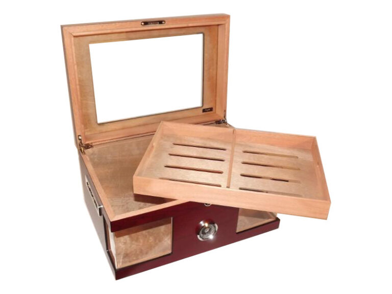 Humidor 80 szál szivar részére, cédrusfa szivar doboz, üvegtető, hygrométerrel és párásítóval - bordó, Angelo - Image 4