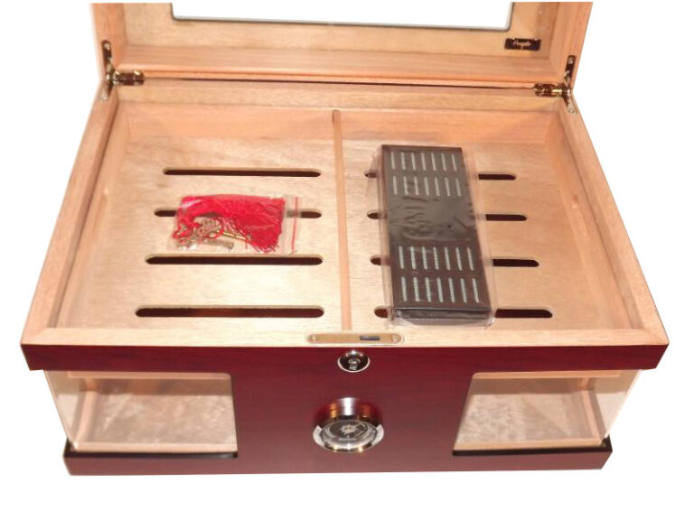 Humidor 80 szál szivar részére, cédrusfa szivar doboz, üvegtető, hygrométerrel és párásítóval - bordó, Angelo - Image 5