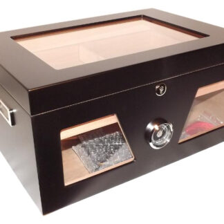 Gasztro humidor 80 szál szivar részére, üveges szivar doboz, cédrusfa, külső hygrométerrel és párásítóval - fekete
