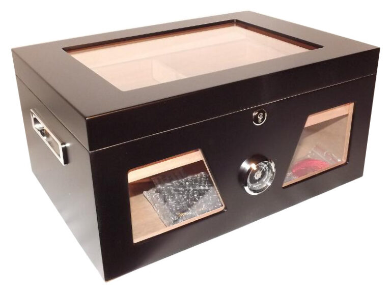 Gasztro humidor 80 szál szivar részére, üveges szivar doboz, cédrusfa, külső hygrométerrel és párásítóval - fekete