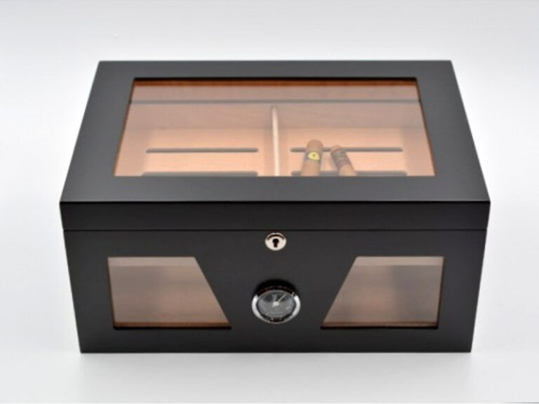 Gasztro humidor 80 szál szivar részére, üveges szivar doboz, cédrusfa, külső hygrométerrel és párásítóval - fekete - Image 7