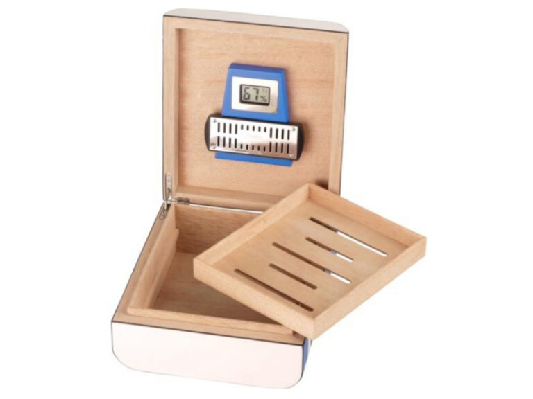 Humidor 40 szál szivar részére, cédrusfa szivar tároló doboz, párásítóval, külső hygrométerrel, kék, ovál - Passatore - Image 2