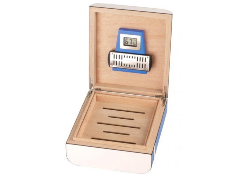 Humidor 40 szál szivar részére, cédrusfa szivar tároló doboz, párásítóval, külső hygrométerrel, kék, ovál - Passatore - Image 3