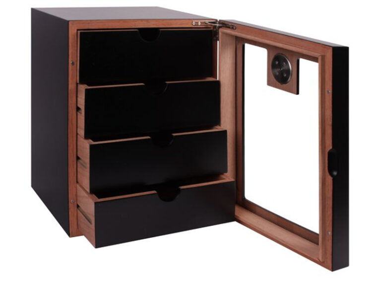 Humidor szekrény 80 szivar részére, 4 fiókkal, külső hygrometer, üveg ajtó - fekete - Image 2