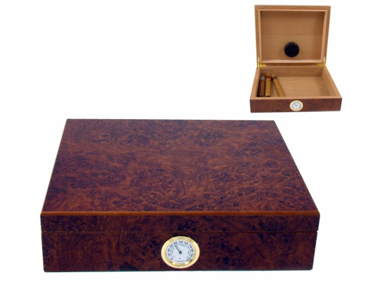 Humidor 30 szál szivarnak, cédrusfa szivar tároló doboz, külső hygrométerrel - gyökérmintás, barna színű, Angelo - Image 4