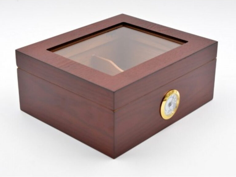 Humidor 50 szál szivar részére, cédrusfa szivar doboz, üvegtető, párásítóval, hygrométerrel - vöröses barna, Angelo - Image 3