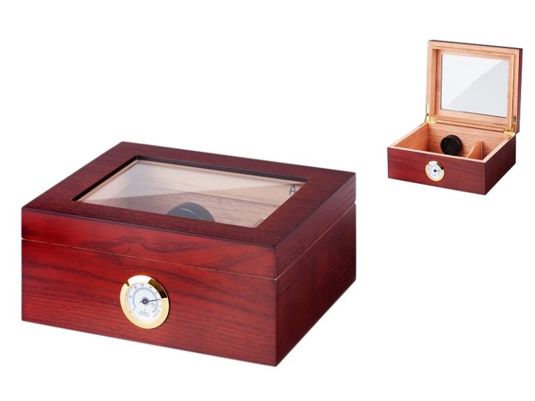 Humidor 50 szál szivar részére, cédrusfa szivar doboz, üvegtető, párásítóval, hygrométerrel - vöröses barna, Angelo - Image 2