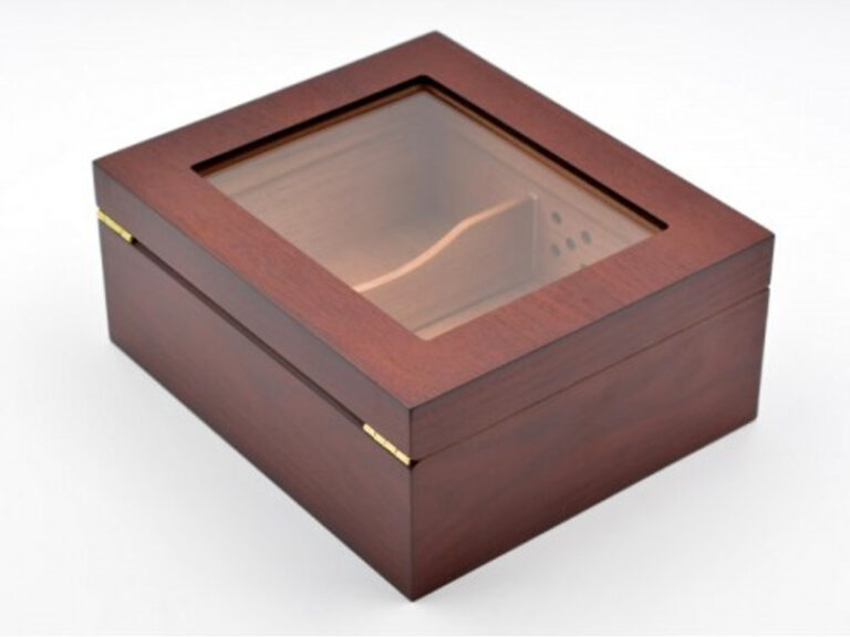 Humidor 50 szál szivar részére, cédrusfa szivar doboz, üvegtető, párásítóval, hygrométerrel - vöröses barna, Angelo - Image 5